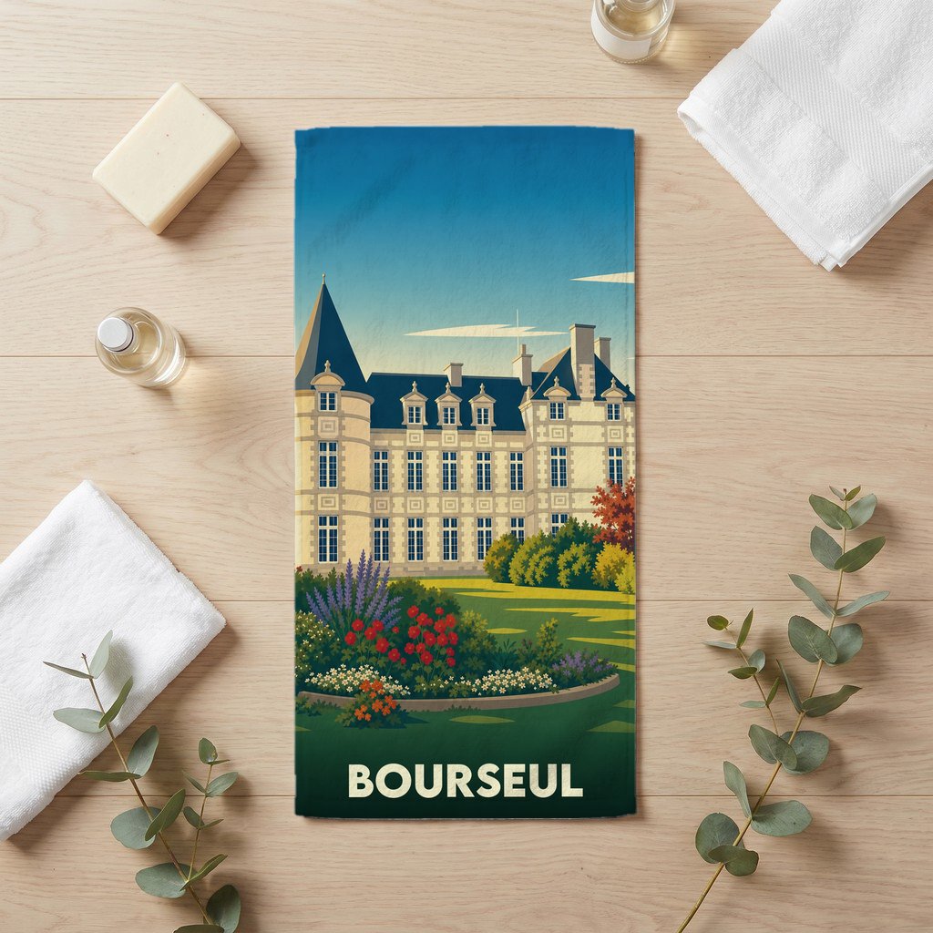 Serviette de bain souvenir de la ville de Bourseul avec une illustration stylisée d'un château et ses jardins.