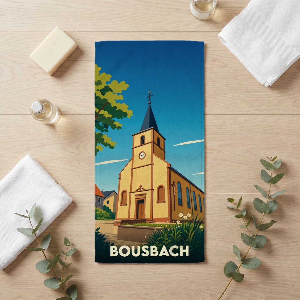 Serviette de bain souvenir de la ville de Bousbach avec une illustration stylisée de son église.
