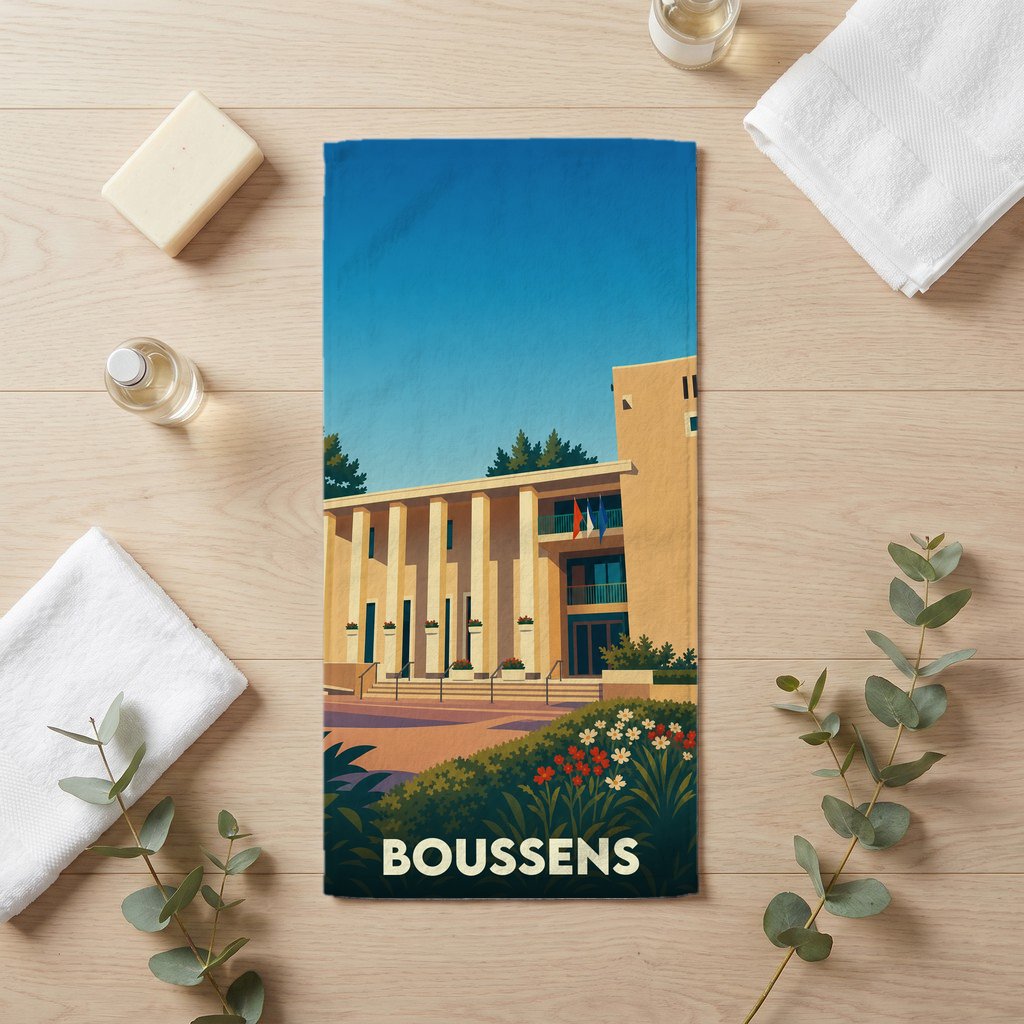 Serviette de bain souvenir de la ville de Boussens avec une illustration stylisée.