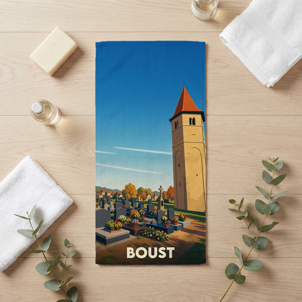 Serviette de bain souvenir de la ville de Boust illustrant son église et son cimetière dans un style rétro.