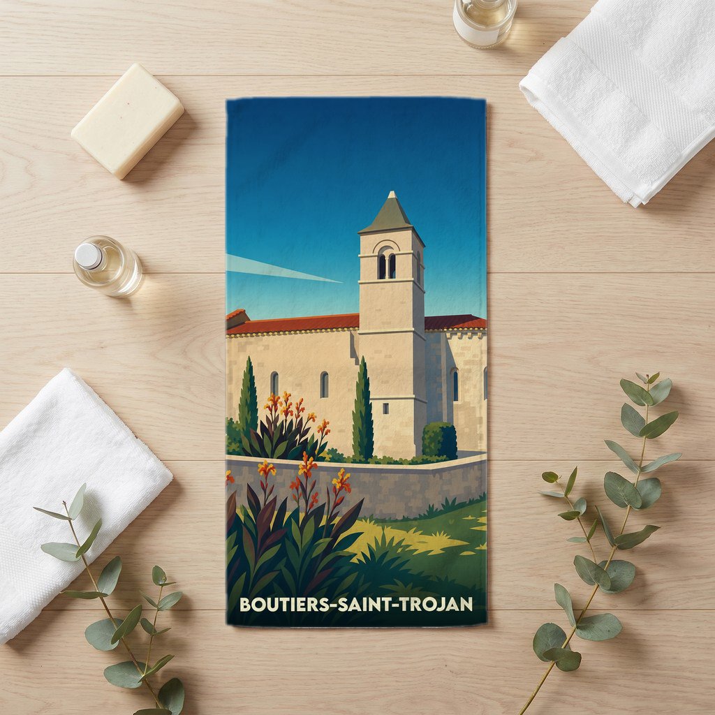 Serviette de bain souvenir de la ville de Boutiers-Saint-Trojan avec une illustration stylisée de son église.