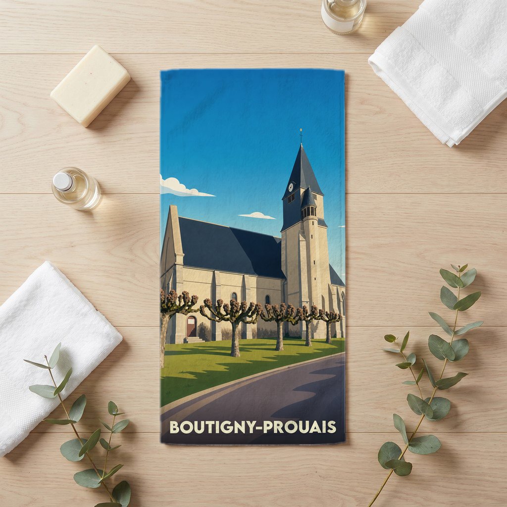 Serviette de bain souvenir de la ville de Boutigny-Prouais avec une illustration stylisée de son église.