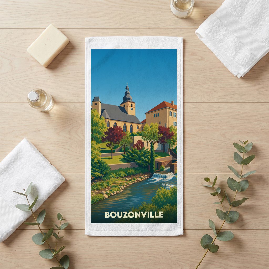 Serviette de bain souvenir de la ville de Bouzonville avec une illustration stylisée.
