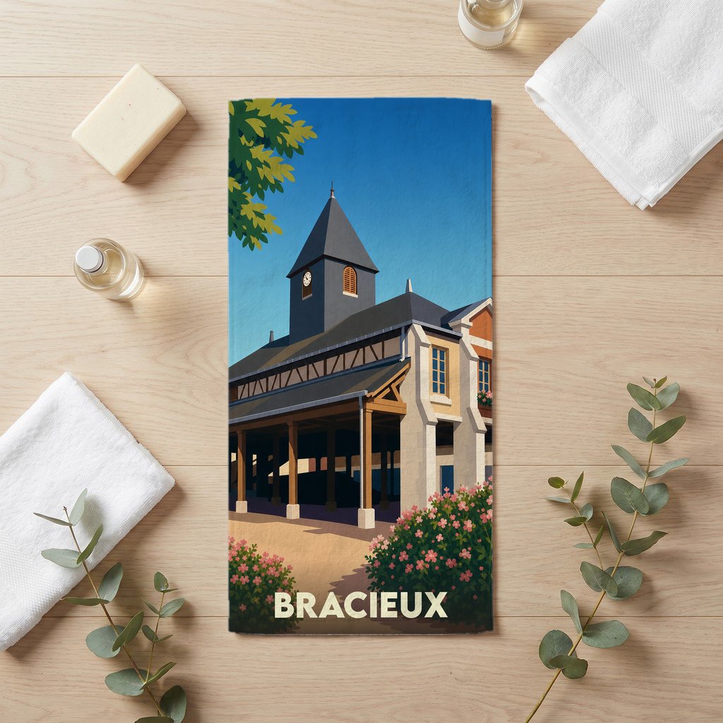Serviette de bain souvenir de la ville de Bracieux avec une illustration stylisée de ses célèbres halles.