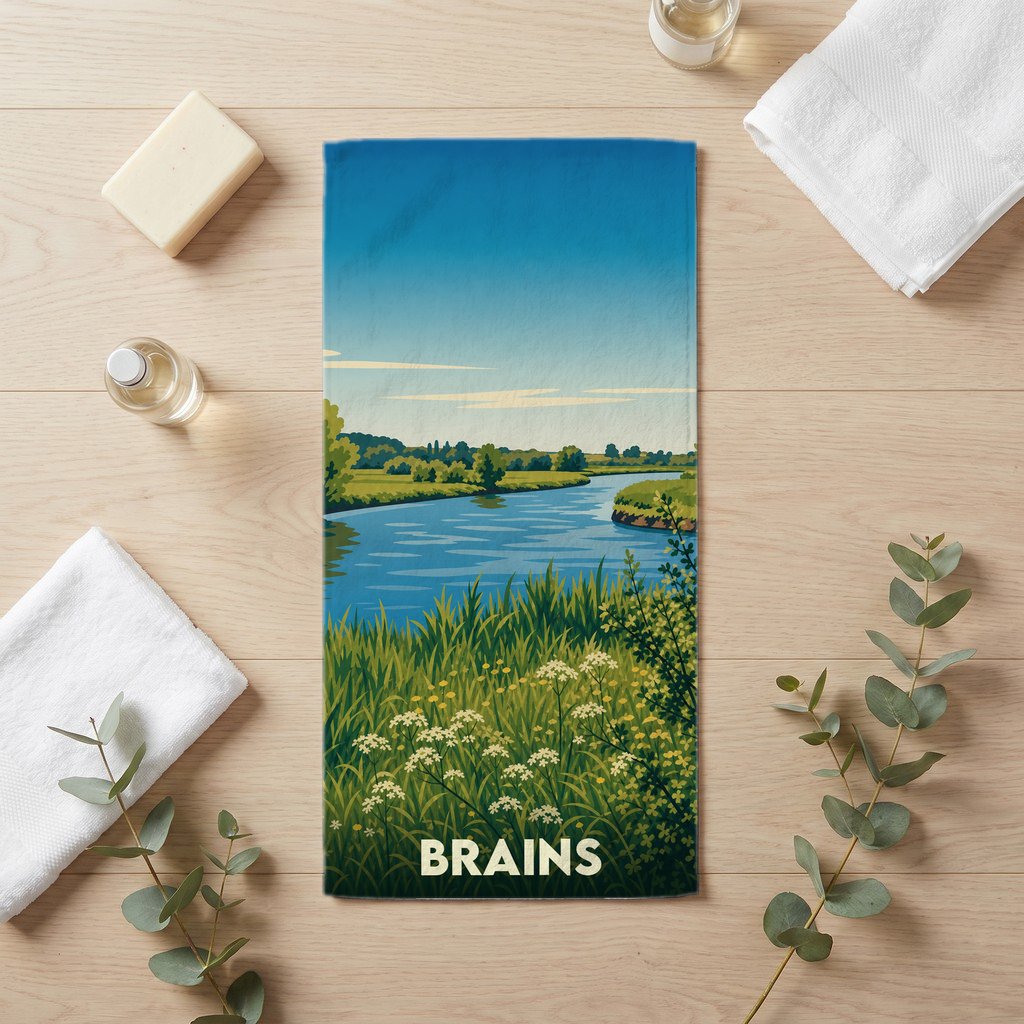 Serviette de bain souvenir de la ville de Brains avec une illustration de paysage champêtre.