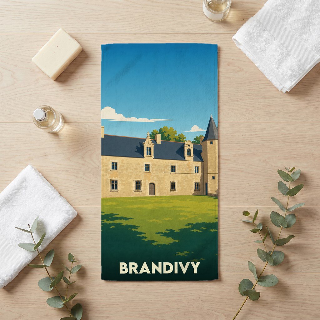 Serviette de bain souvenir de la ville de Brandivy avec une illustration stylisée d'un château.