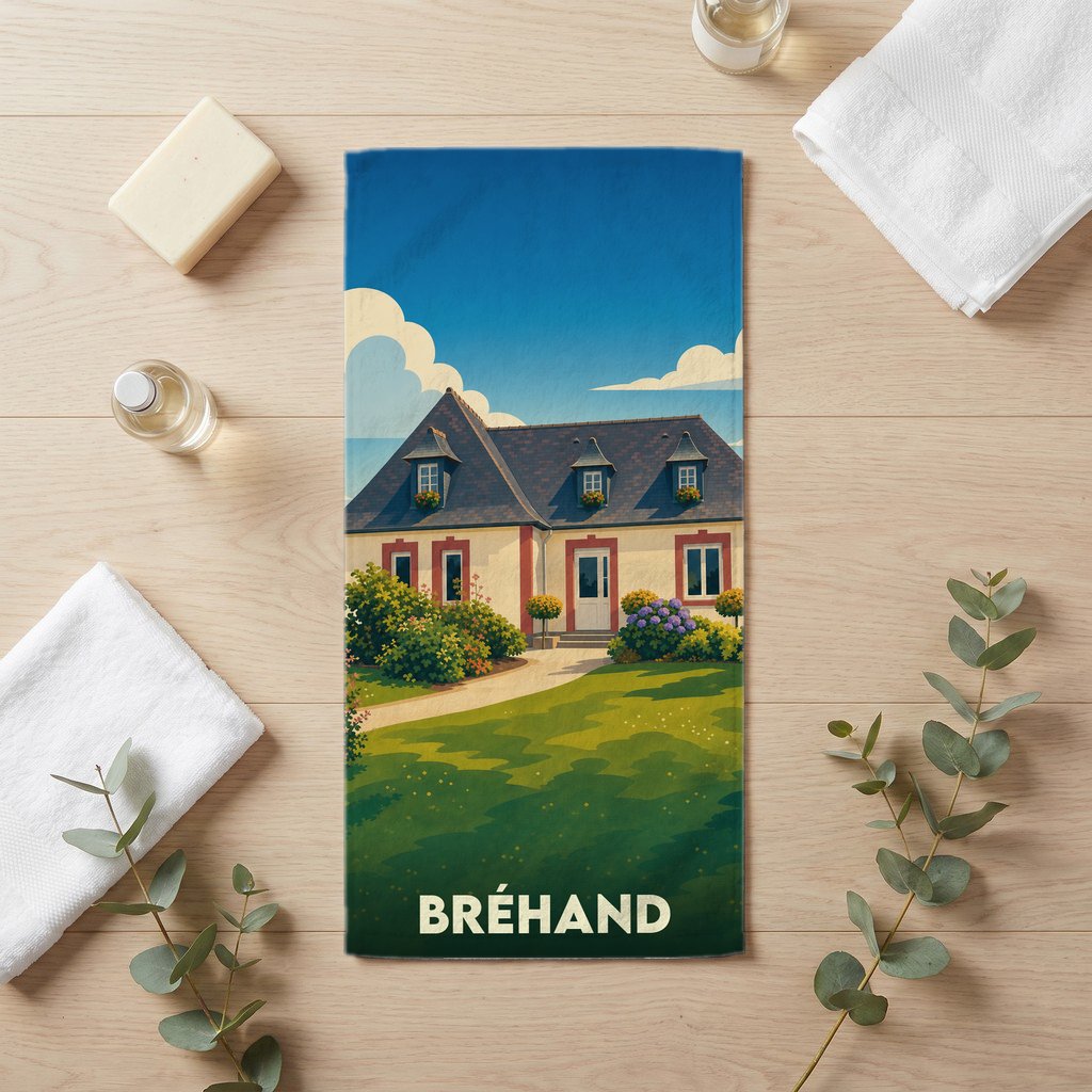 Serviette de bain souvenir de la ville de Bréhand avec une illustration stylisée d'une maison régionale.
