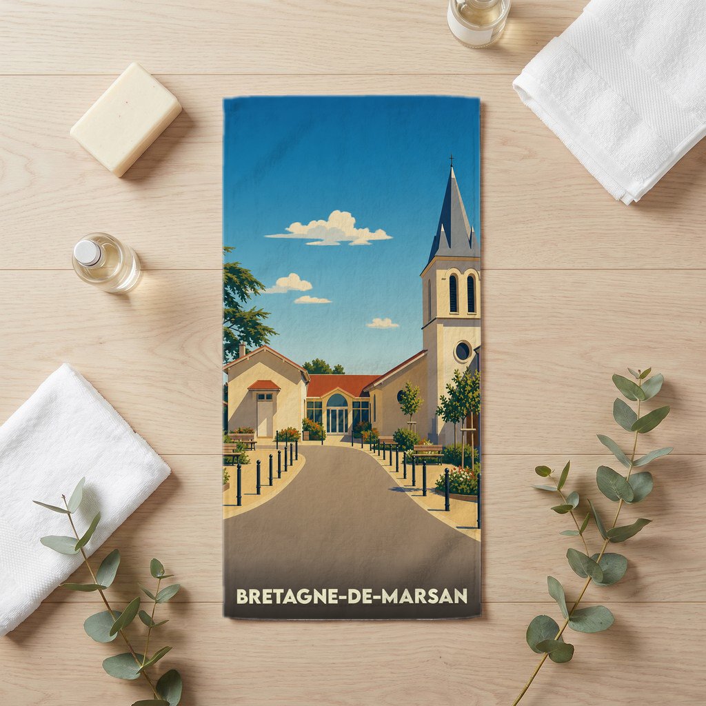 Serviette de bain souvenir de la ville de Bretagne-de-Marsan avec une illustration stylisée de son église.