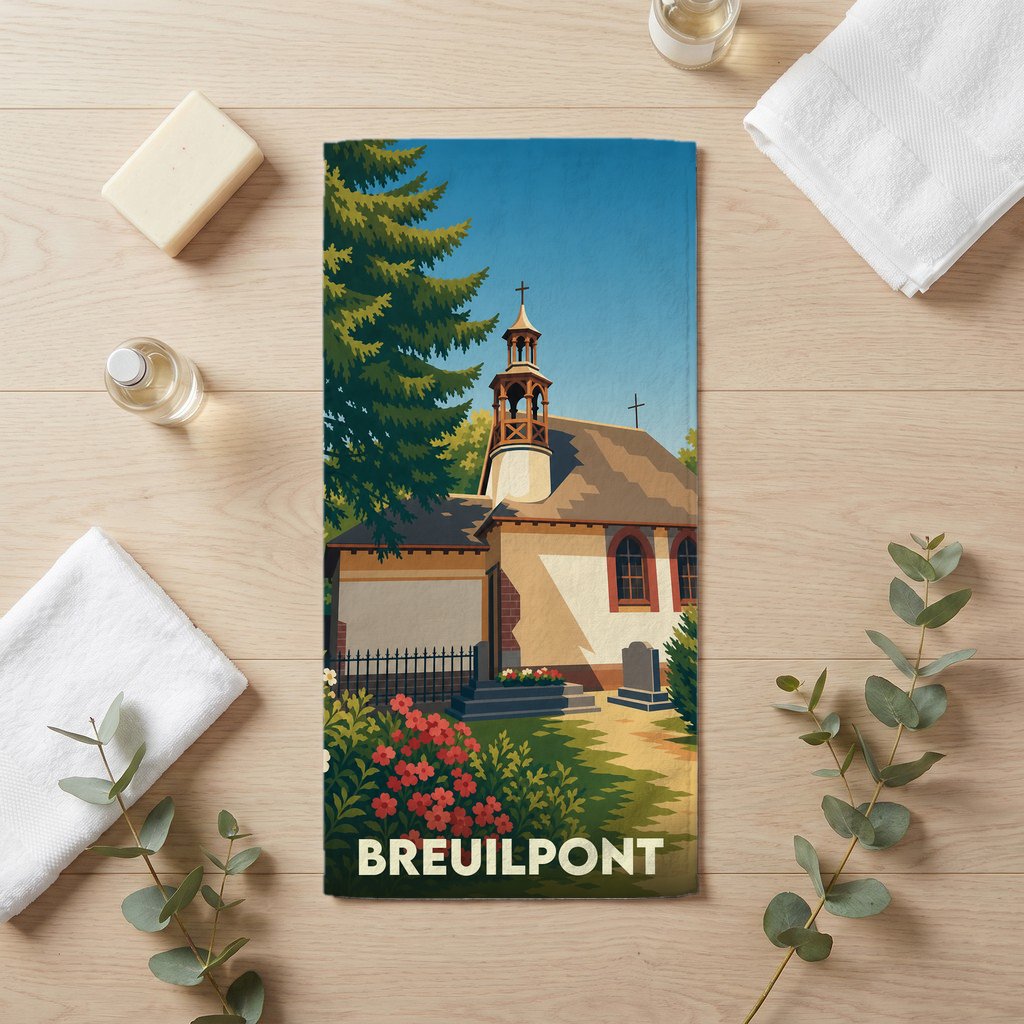 Serviette de bain souvenir de la ville de Breuilpont avec une illustration stylisée de son église.