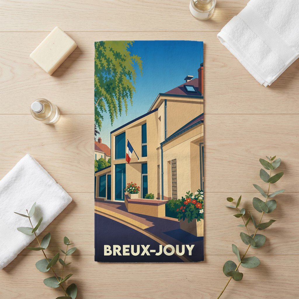 Serviette de bain souvenir de la ville de Breux-Jouy avec une illustration stylisée d'un bâtiment local.