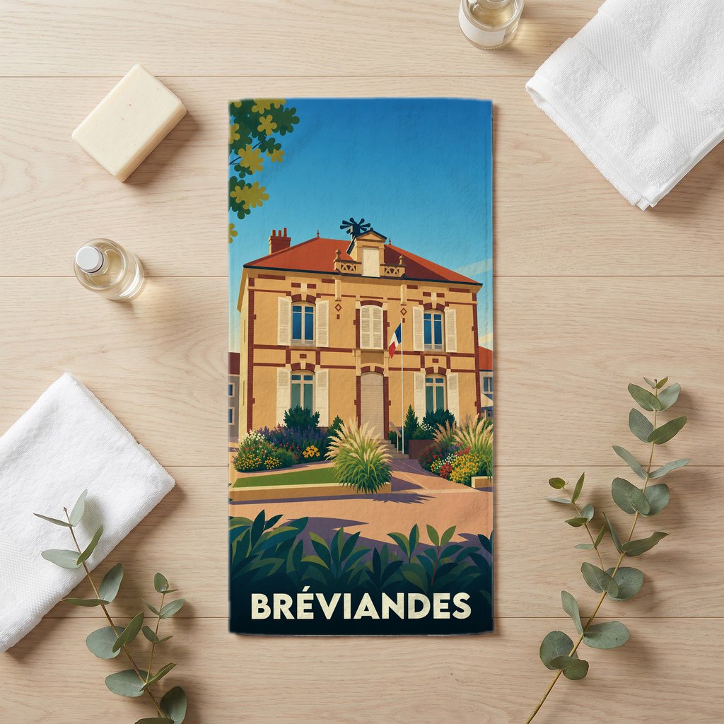 Serviette de bain souvenir de la ville de Bréviandes avec une illustration stylisée.