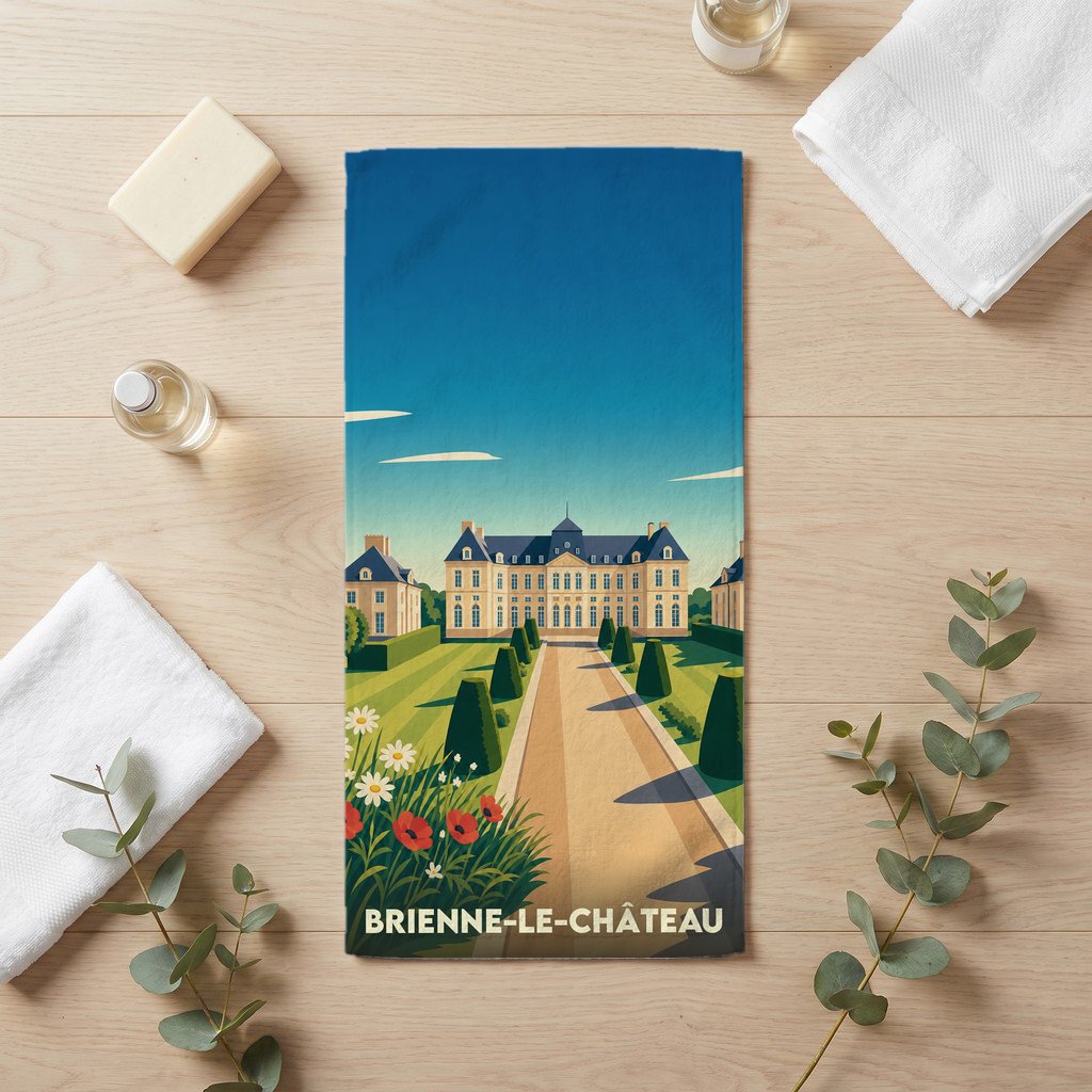 Serviette de bain souvenir de Brienne-le-Château illustrée d'un château et de jardins à la française.