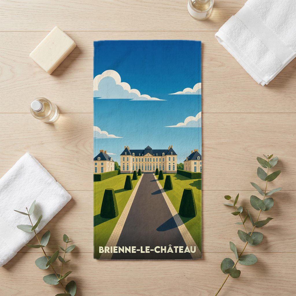 Serviette de bain souvenir de Brienne-le-Château illustrée d'un château majestueux et de ses jardins à la française.
