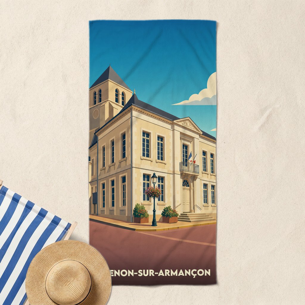 Serviette de bain souvenir de la ville de Brienon-sur-Armançon avec une illustration stylisée de son architecture.