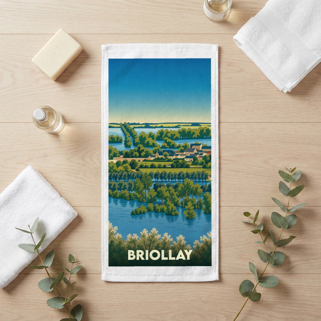 Serviette de toilette souvenir de la ville de Briollay avec une illustration paysagère stylisée.