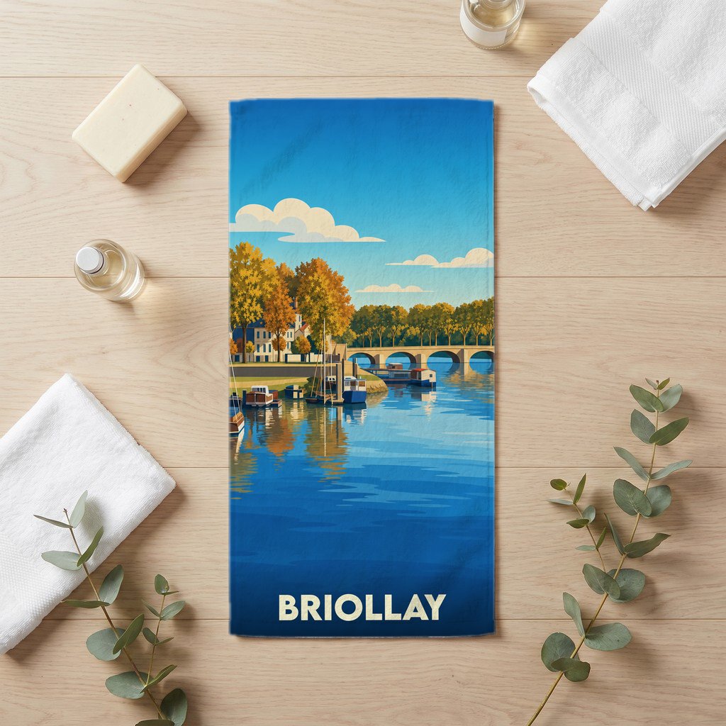 Serviette de bain souvenir de la ville de Briollay illustrée par un paysage fluvial stylisé.