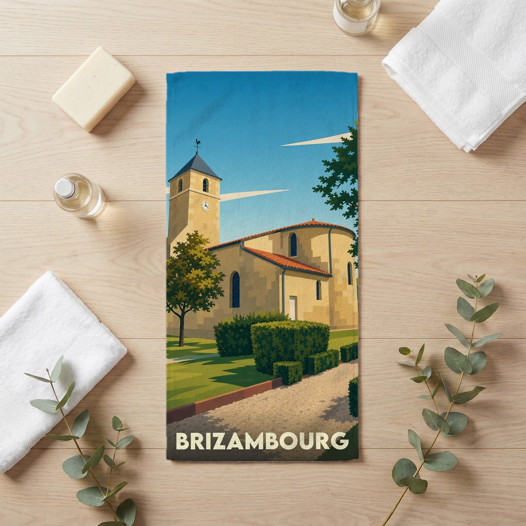 Serviette de bain souvenir de la ville de Brizambourg avec une illustration stylisée de son église.