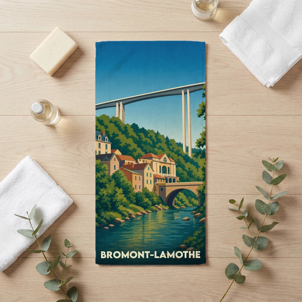 Serviette de bain souvenir de Bromont-Lamothe avec une illustration stylisée d'un viaduc et d'un village.