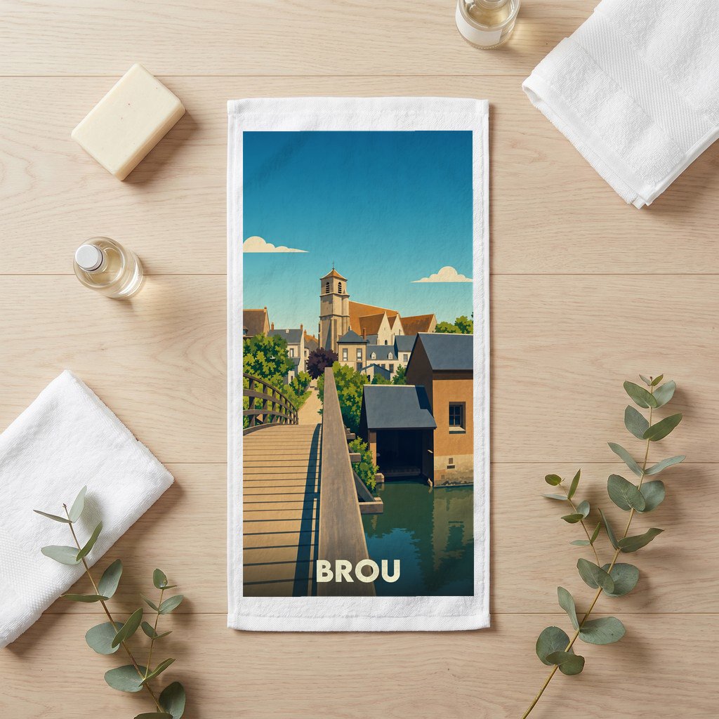 Serviette de bain souvenir de la ville de Brou avec une illustration stylisée d'un pont et de l'église.