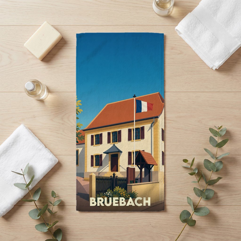 Serviette de bain souvenir de la ville de Bruebach avec une illustration stylisée de la mairie.