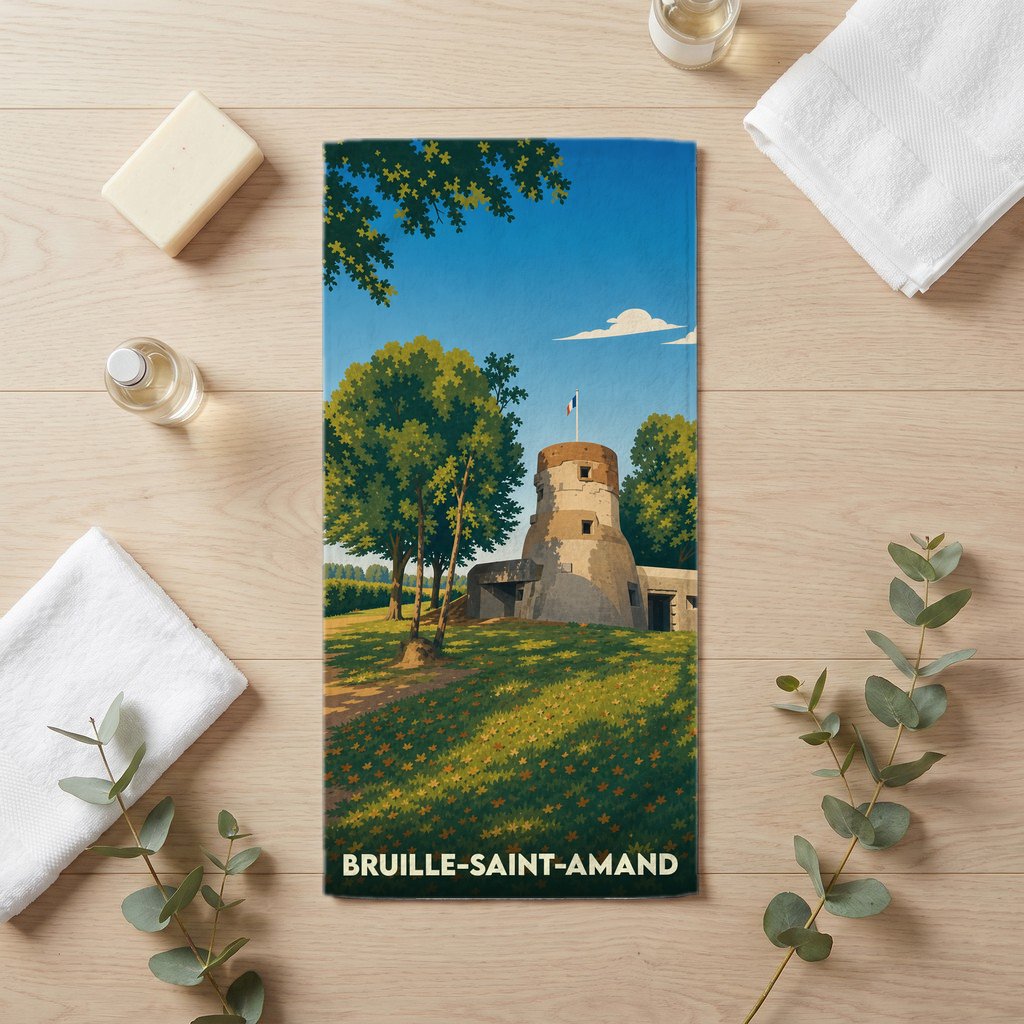 Serviette de bain souvenir de la ville de Bruille-Saint-Amand avec une illustration stylisée d'un fort.