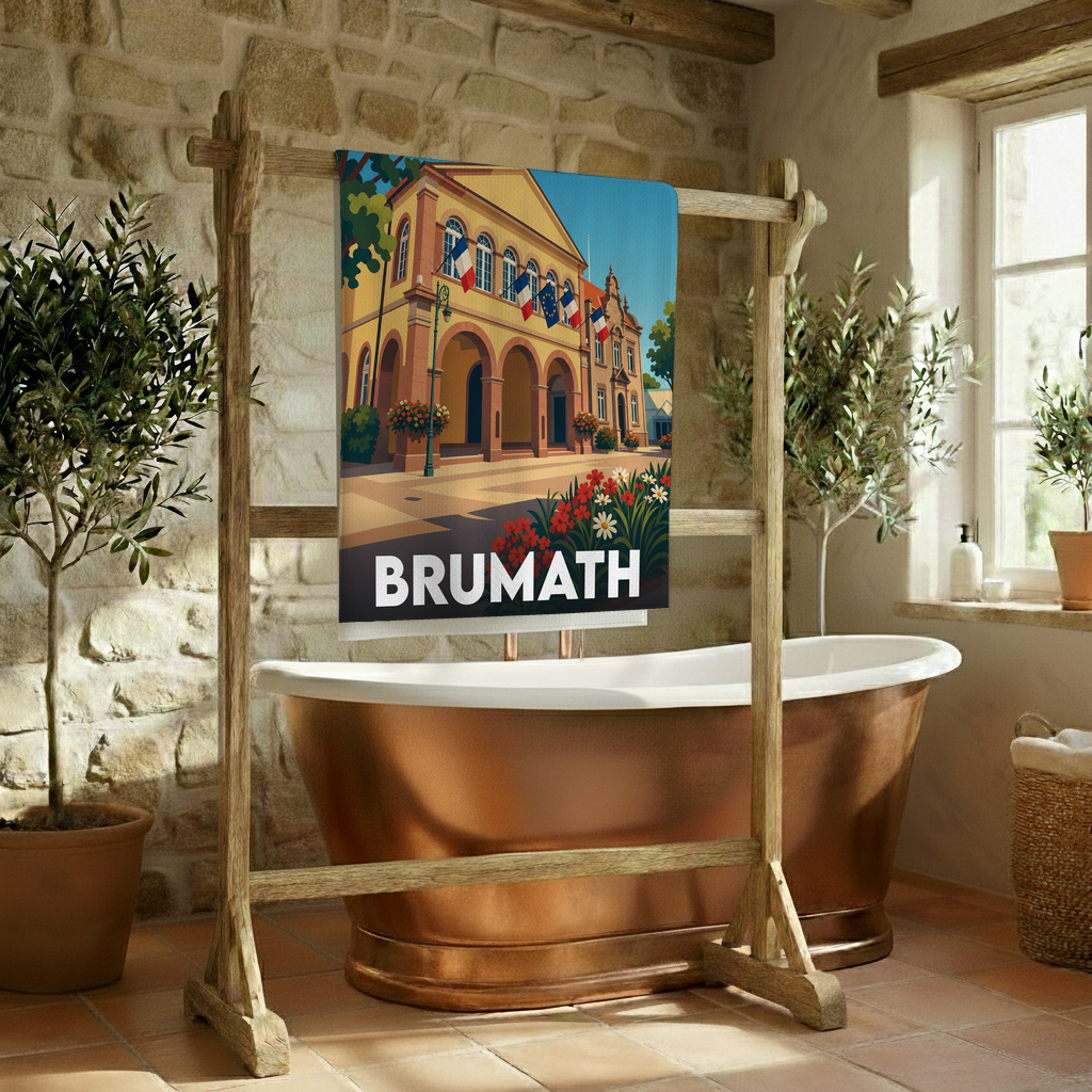 Serviette de bain souvenir de la ville de Brumath avec une illustration stylisée de son hôtel de ville.