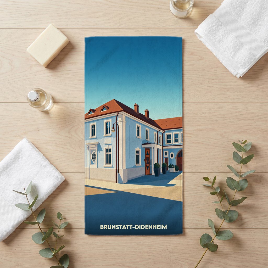 Serviette de bain souvenir de Brunstatt-Didenheim ornée d'une illustration stylisée de l'hôtel de ville.