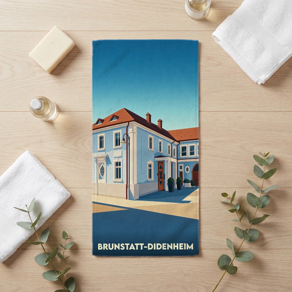 Serviette de bain souvenir de Brunstatt-Didenheim ornée d'une illustration stylisée de l'hôtel de ville.