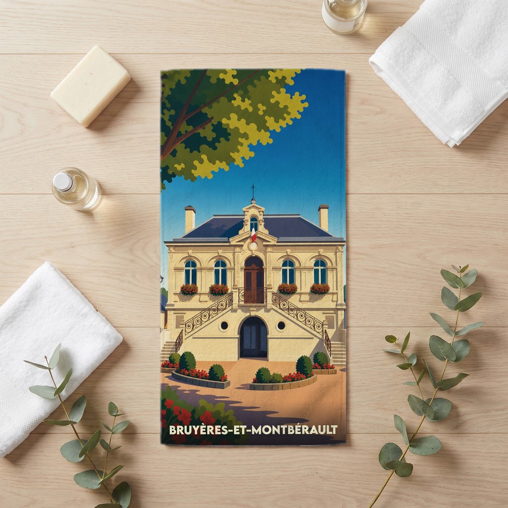 Serviette de bain souvenir de la ville de Bruyères-et-Montbérault avec une illustration stylisée de sa mairie.