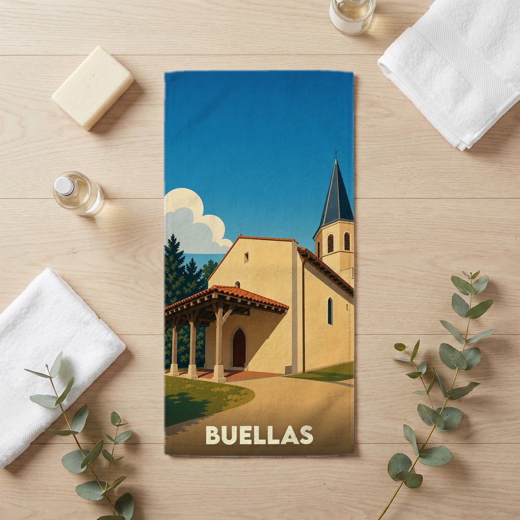 Serviette de bain souvenir de la ville de Buellas avec une illustration stylisée de son église.