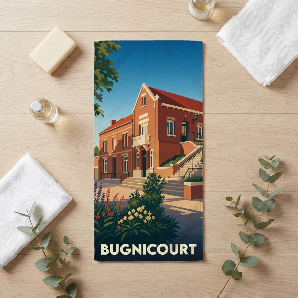 Serviette de bain souvenir de la ville de Bugnicourt avec une illustration stylisée d'un bâtiment en briques.