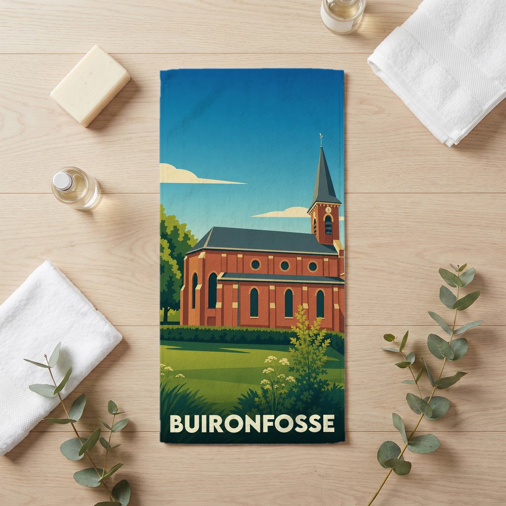 Serviette de bain souvenir de la ville de Buironfosse avec une illustration stylisée de son église.