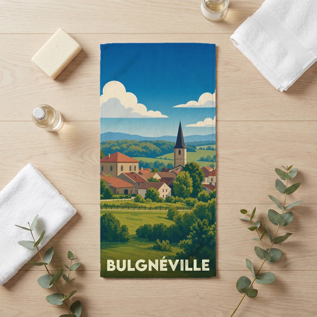 Serviette de bain souvenir de la ville de Bulgnéville avec une illustration paysagère stylisée.