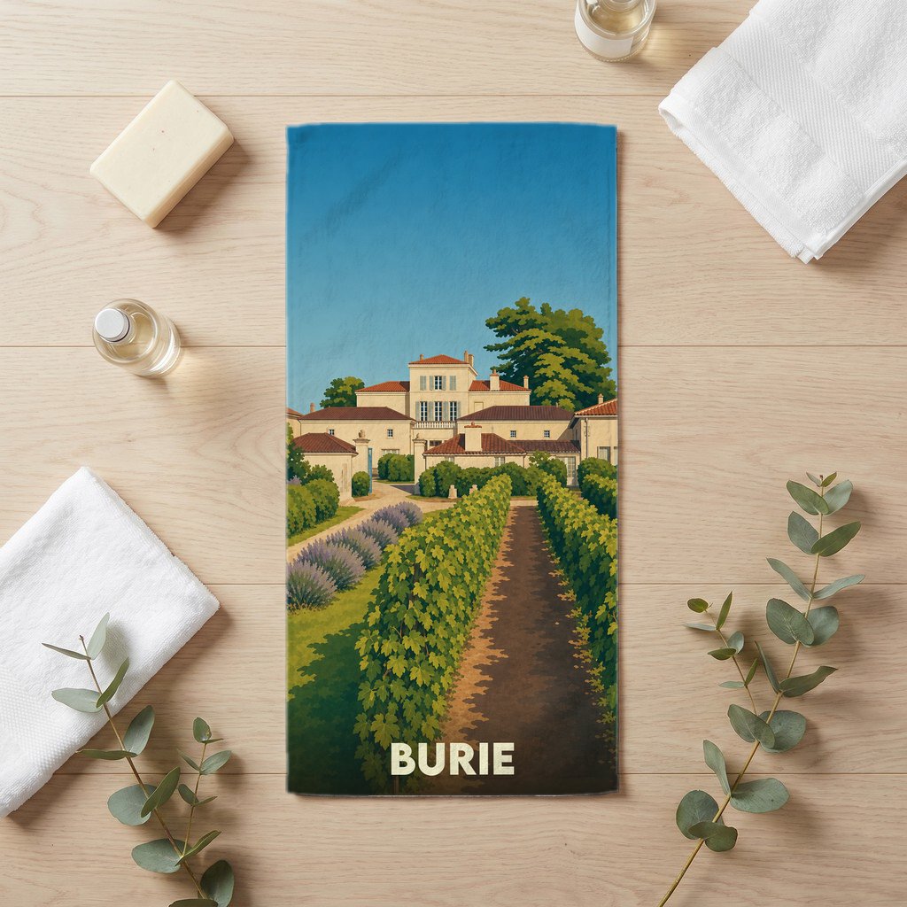 Serviette de bain souvenir de la ville de Burie avec une illustration stylisée de vignoble.