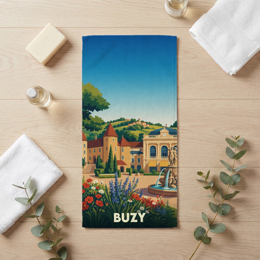Serviette de bain souvenir de la ville de Buzy avec une illustration stylisée.