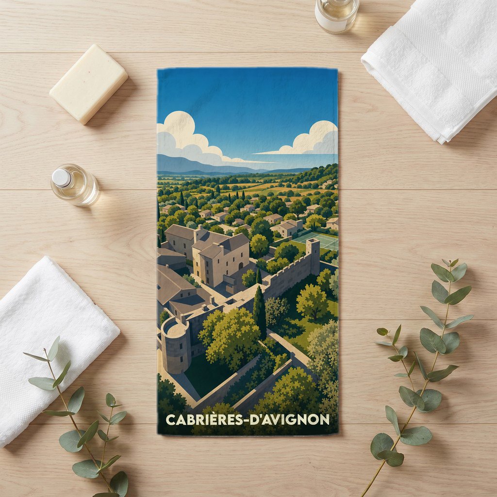 Serviette de bain souvenir de Cabrières-d'Avignon illustrée d'un paysage provençal stylisé.