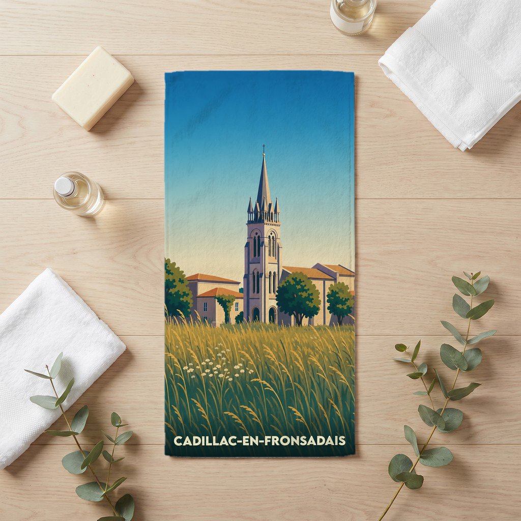 Serviette de bain souvenir de la ville de Cadillac-en-Fronsadais avec une illustration stylisée d'un clocher dominant un champ.