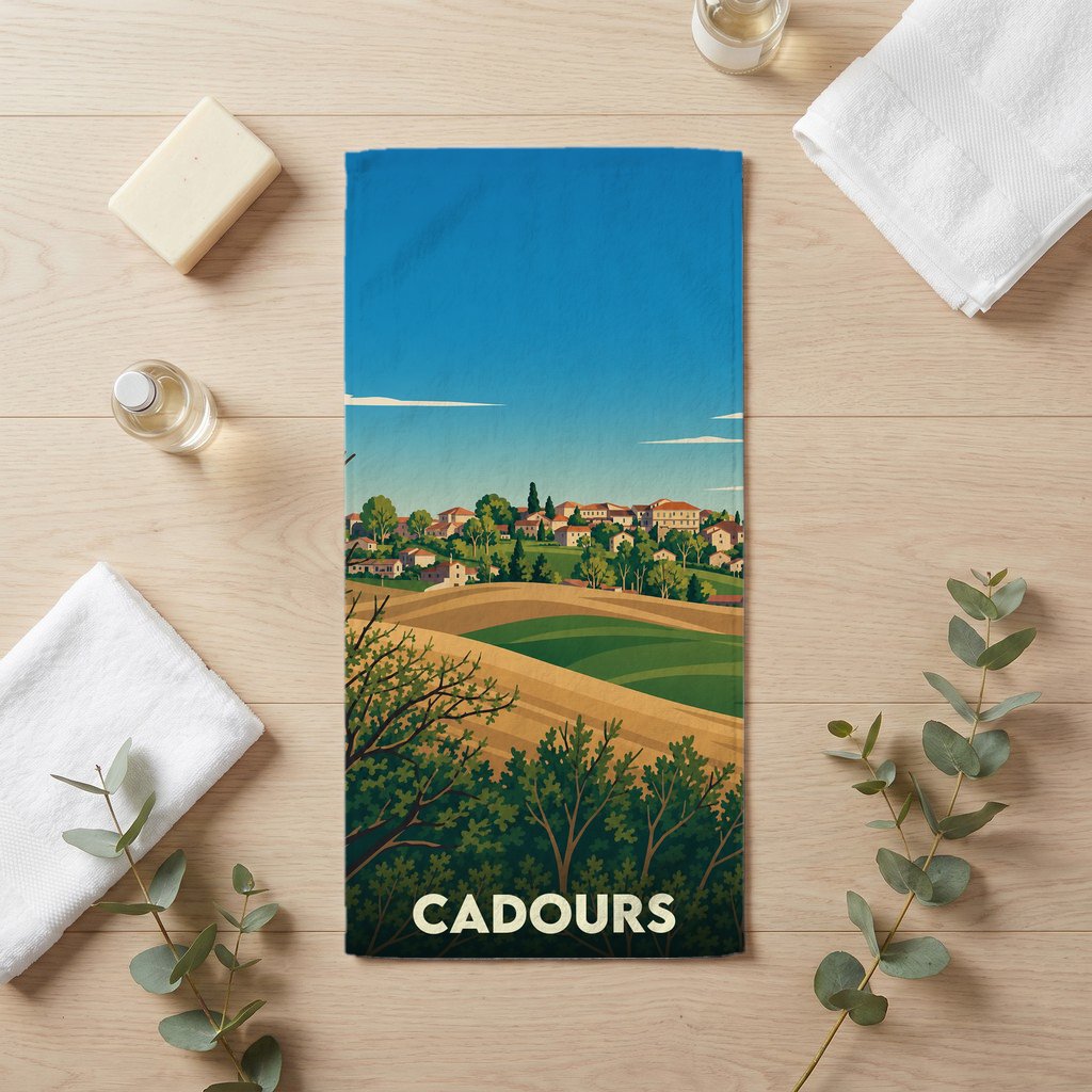Serviette de bain souvenir de la ville de Cadours illustrée d'un paysage de campagne stylisé.