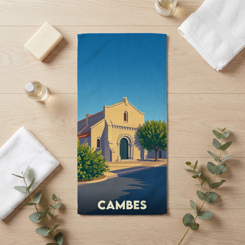 Serviette de bain souvenir de la ville de Cambes avec une illustration stylisée.