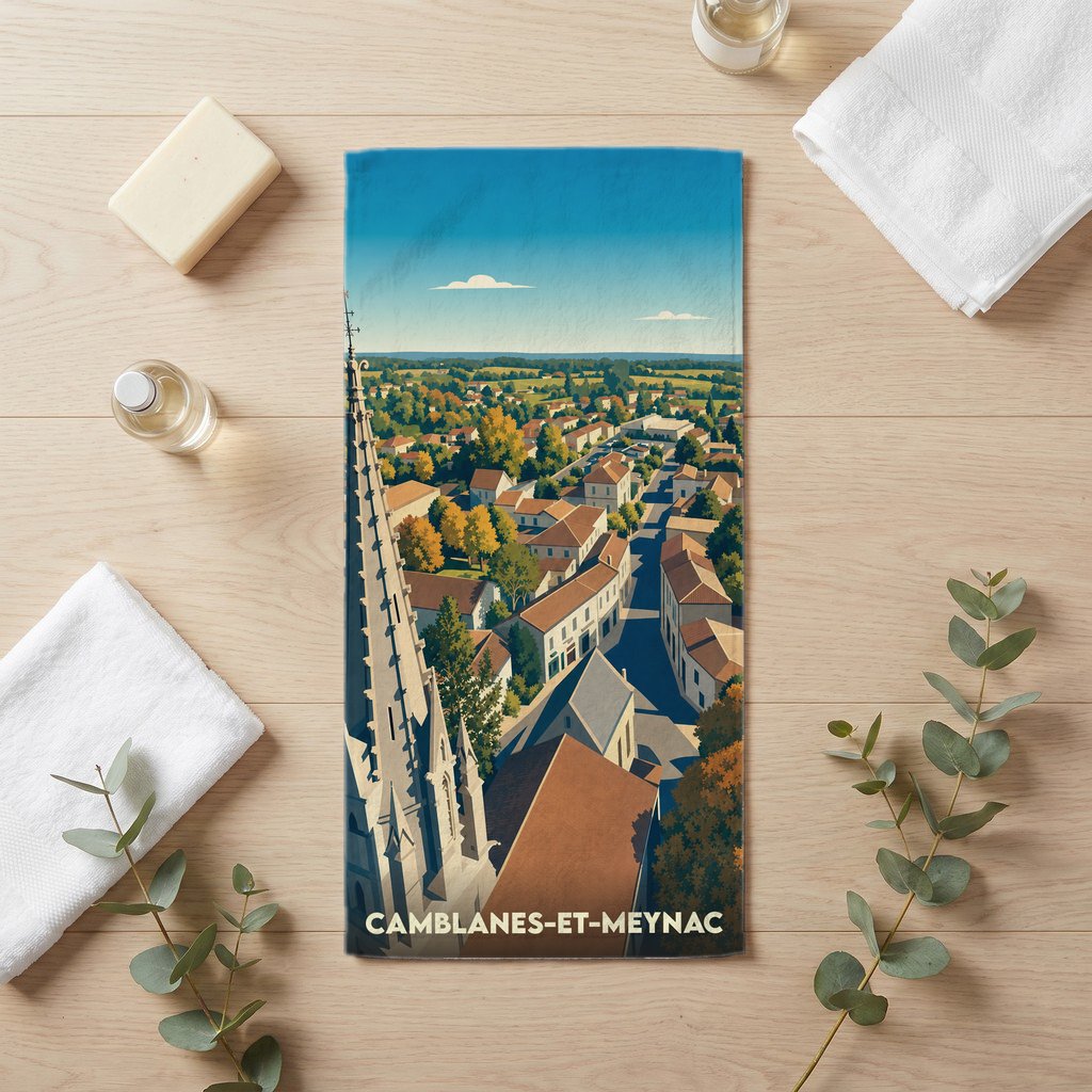 Serviette de bain souvenir de la ville de Camblanes-et-Meynac avec une illustration stylisée.