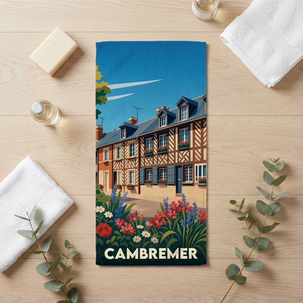 Serviette de bain souvenir de la ville de Cambremer illustrée d'un paysage urbain stylisé et fleuri.