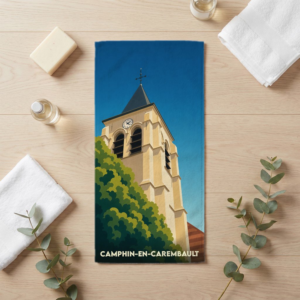 Serviette de bain souvenir de Camphin-en-Carembault illustrée par le clocher de son église.