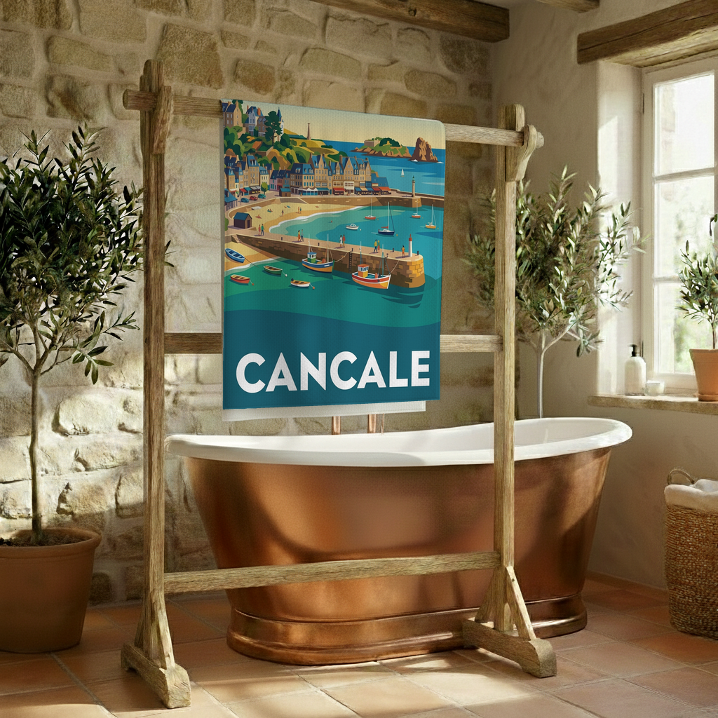 Serviette de bain souvenir de la ville de Cancale avec une illustration stylisée de son port.