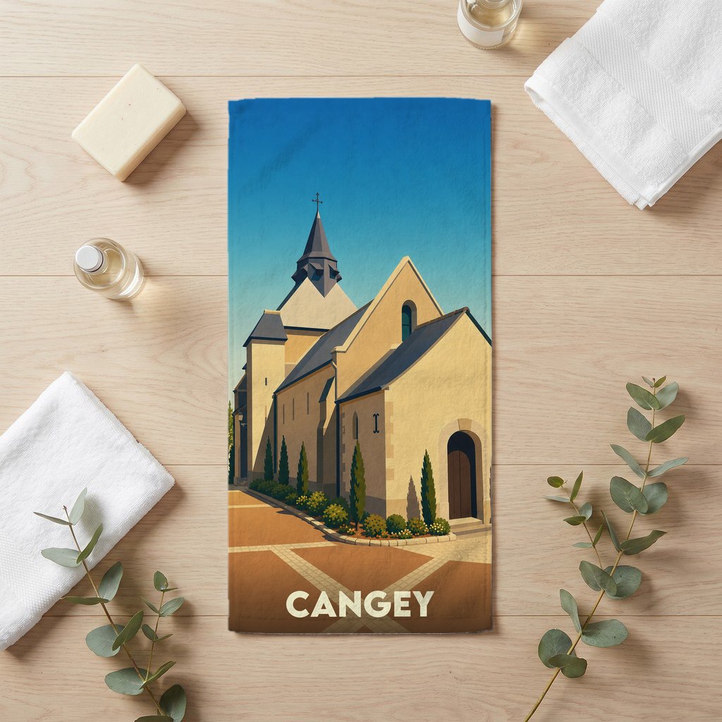 Serviette de bain souvenir de la ville de Cangey avec une illustration stylisée de son église.