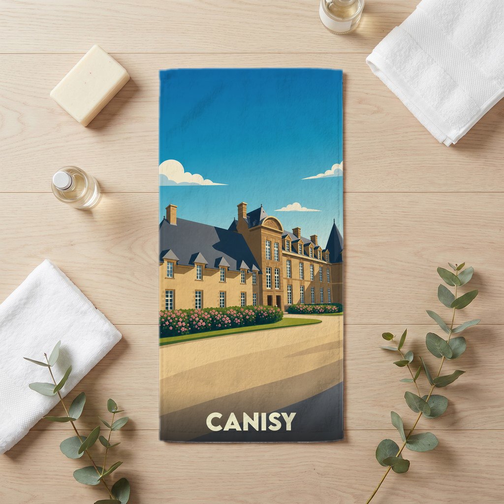 Serviette de bain souvenir de la ville de Canisy avec une illustration stylisée de son château.