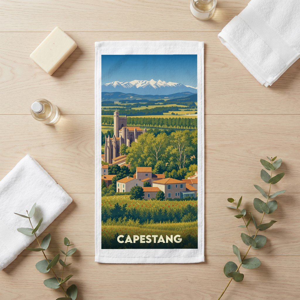 Serviette de bain souvenir de la ville de Capestang illustrée d'un paysage pittoresque aux couleurs vives.
