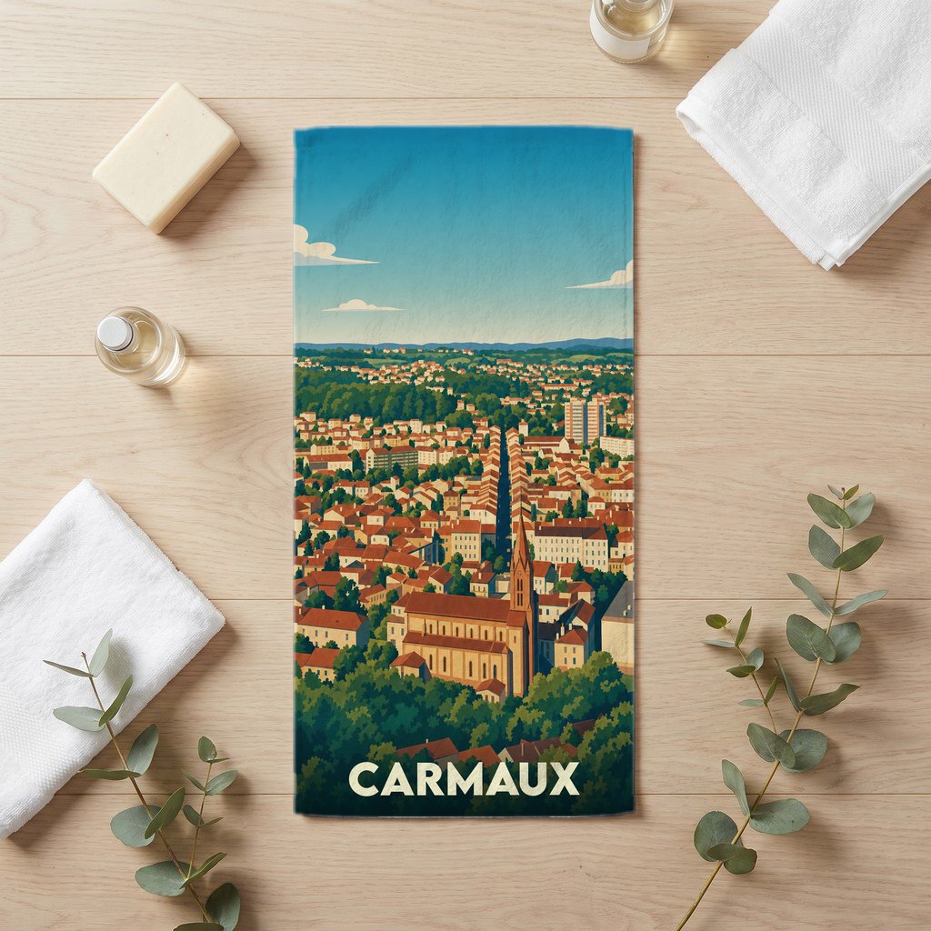 Serviette de bain souvenir de la ville de Carmaux avec une illustration stylisée.