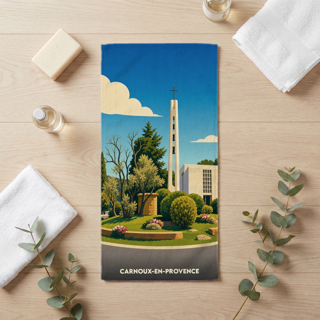 Serviette de bain souvenir de la ville de Carnoux-en-Provence avec une illustration stylisée de son église moderne.