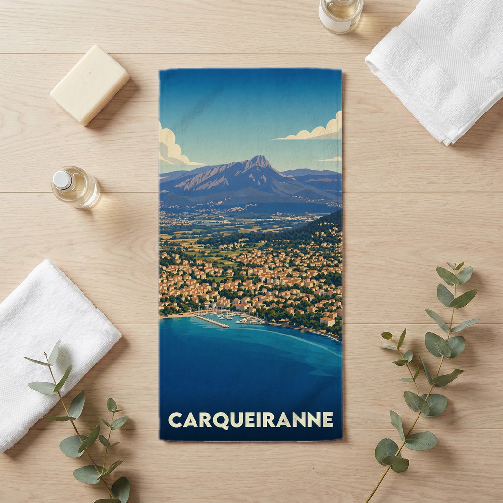 Serviette de bain souvenir de la ville de Carqueiranne avec une illustration stylisée.