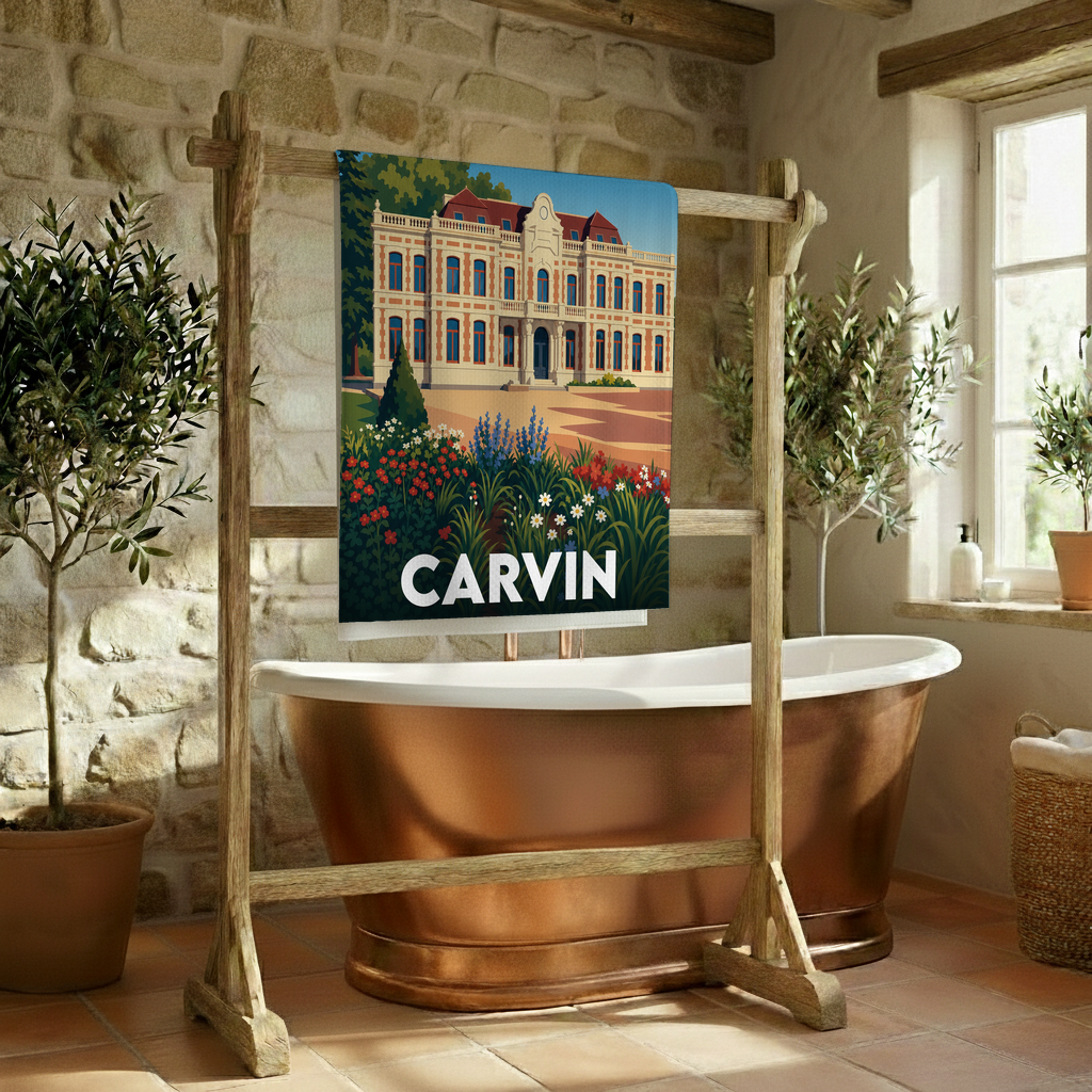 Serviette de bain souvenir de la ville de Carvin avec une illustration stylisée.